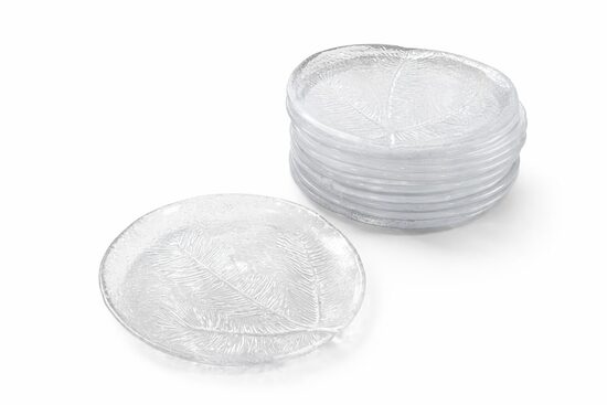 Stikla šķīvji ar presētu lapas dekoru vidū